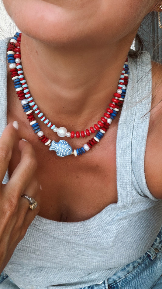 Red White and Pearl Necklace