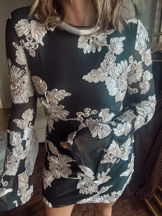 Brocade Bell Sleeve Mini Dress