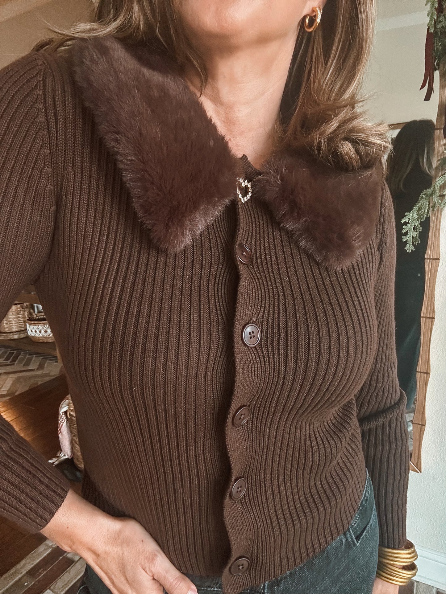 Faux Fur Collar Cardigan