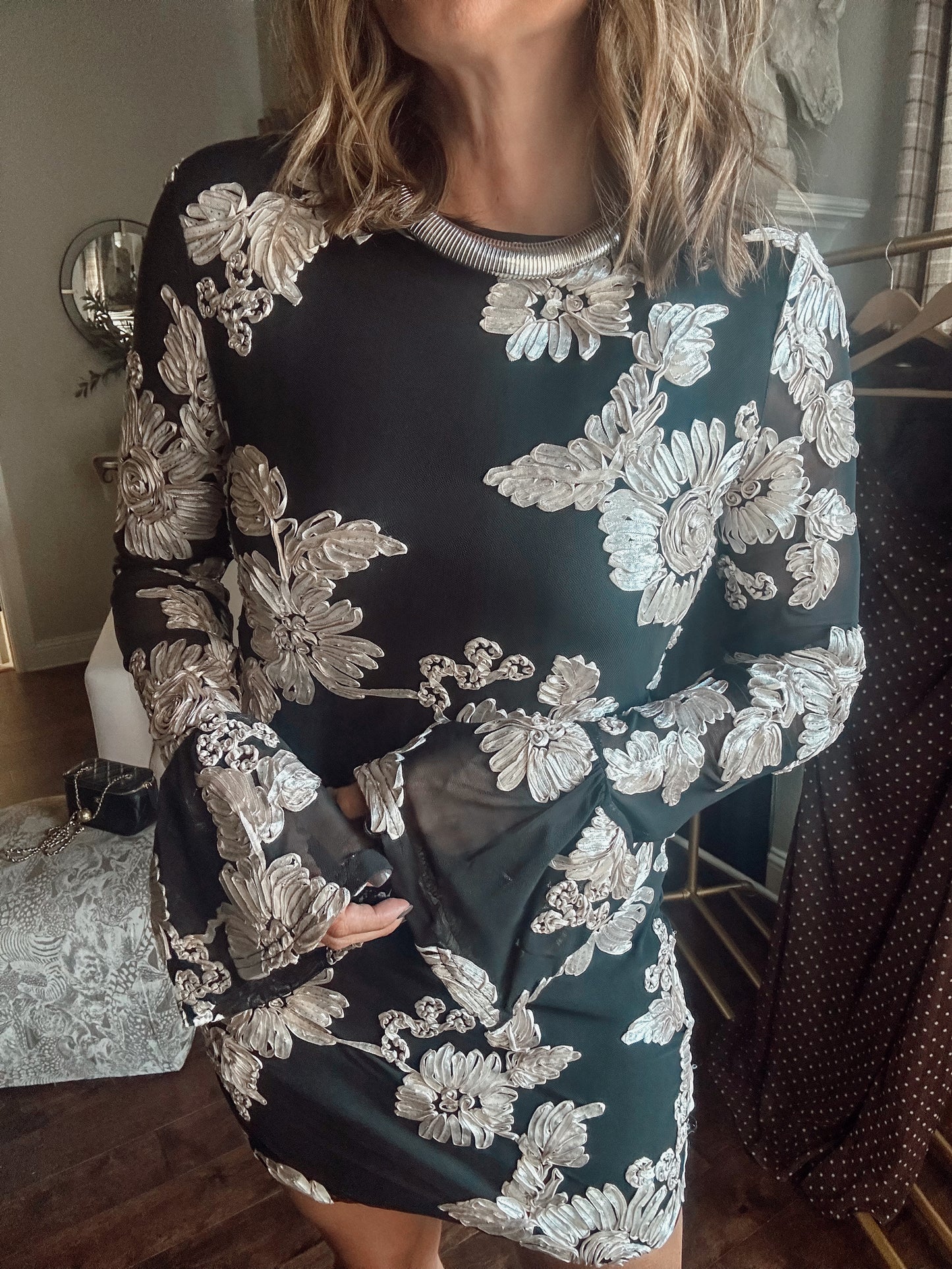 Brocade Bell Sleeve Mini Dress