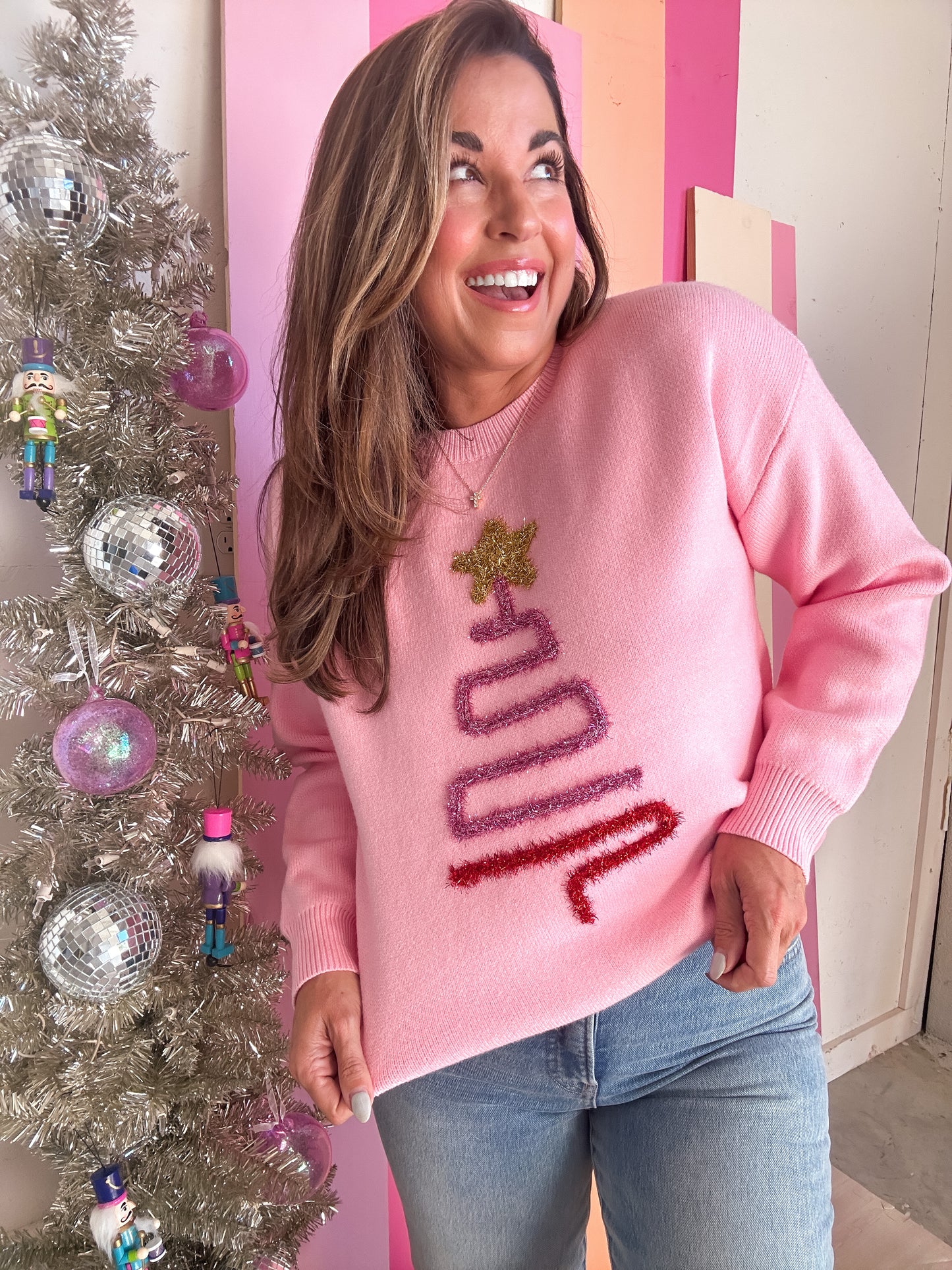 Pink Tinsel Christmas Tree Sweater