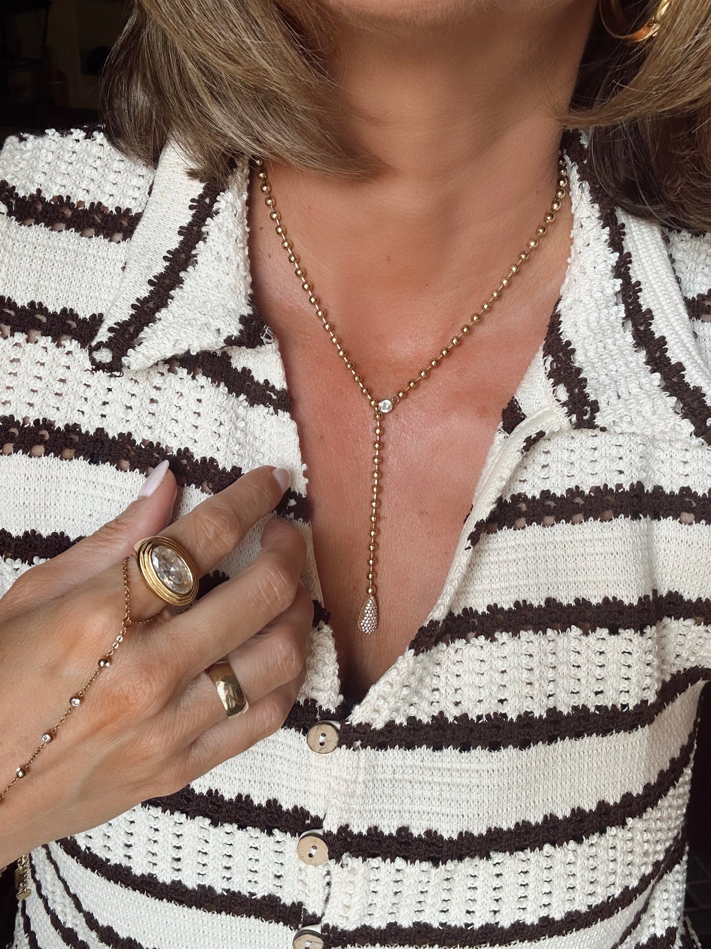 Beaded Gold Lariat Necklace