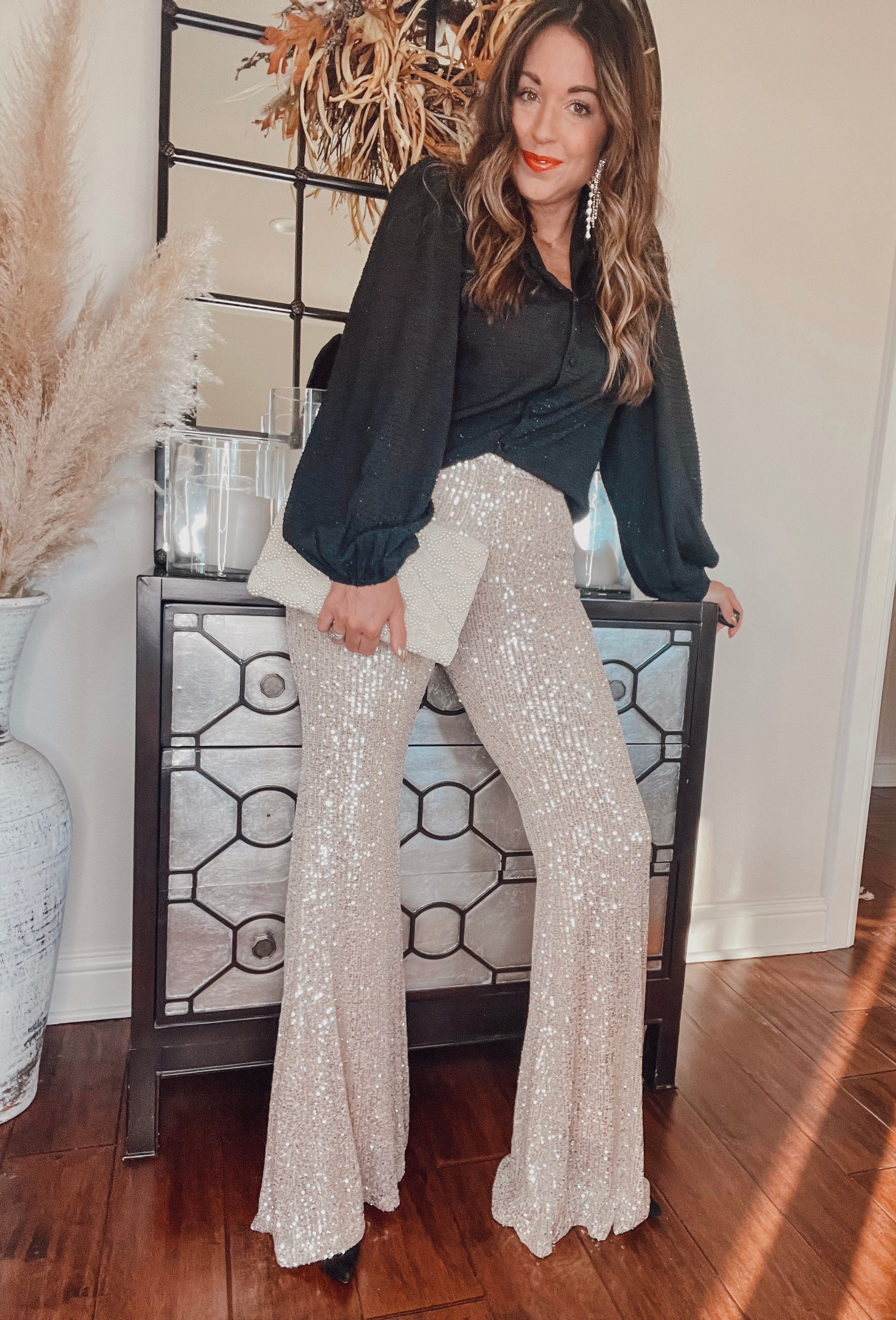 Fly Fierce Fab Glam Holiday Outfit Sequin Zara Pants Fashion Nova Bow Top